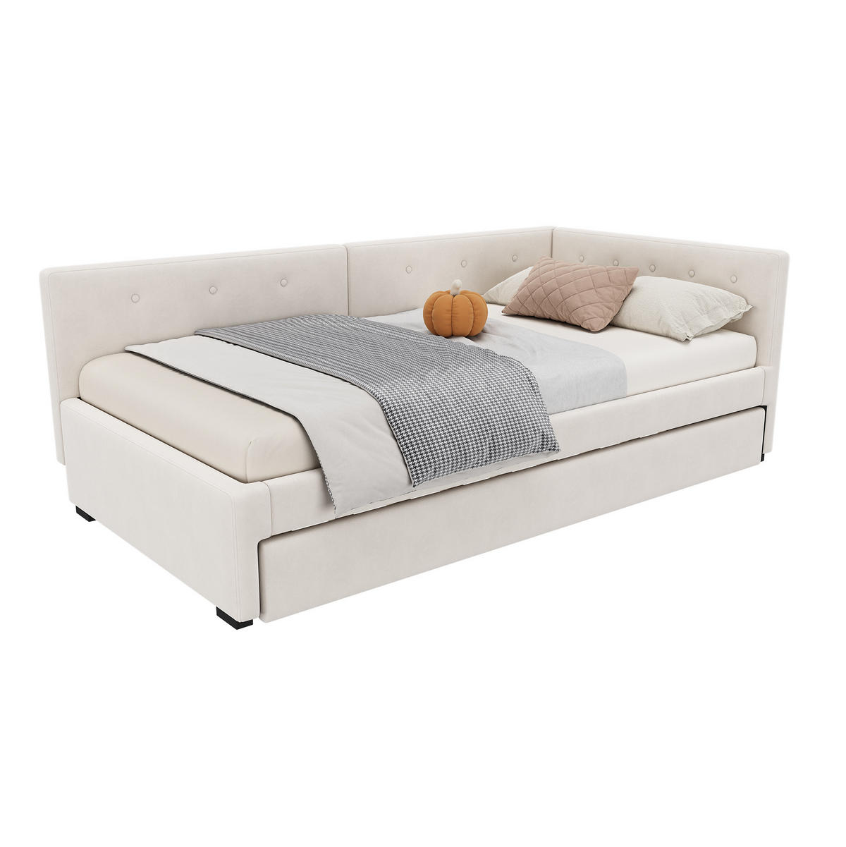 TAGESBETT aus Samt 90x200 cm Beige mit ausziehbarem Rollbett und Lattenrost, minimalistisches Design - Beige, Textil (90/200cm) - Modfu