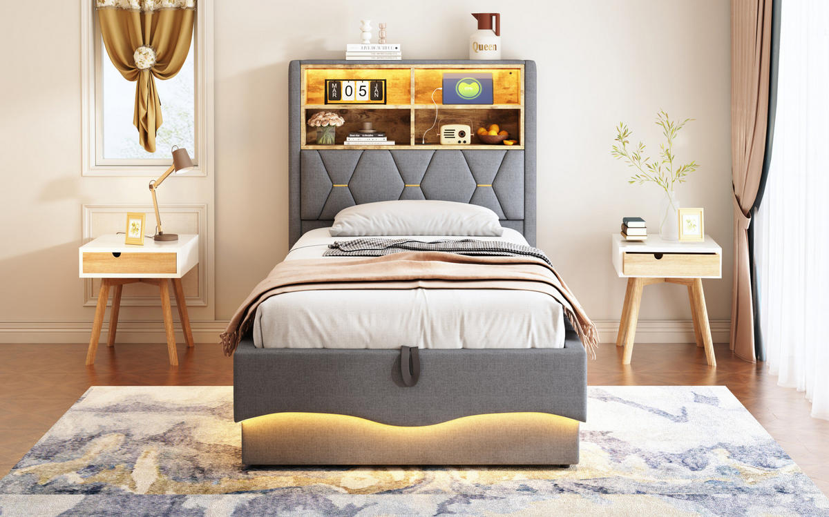 KINDERBETT 90/200 cm Grau aus Leinen und Metall mit LED-Beleuchtung und Stauraum - Grau, Metall (90/200cm) - OKMYHOME