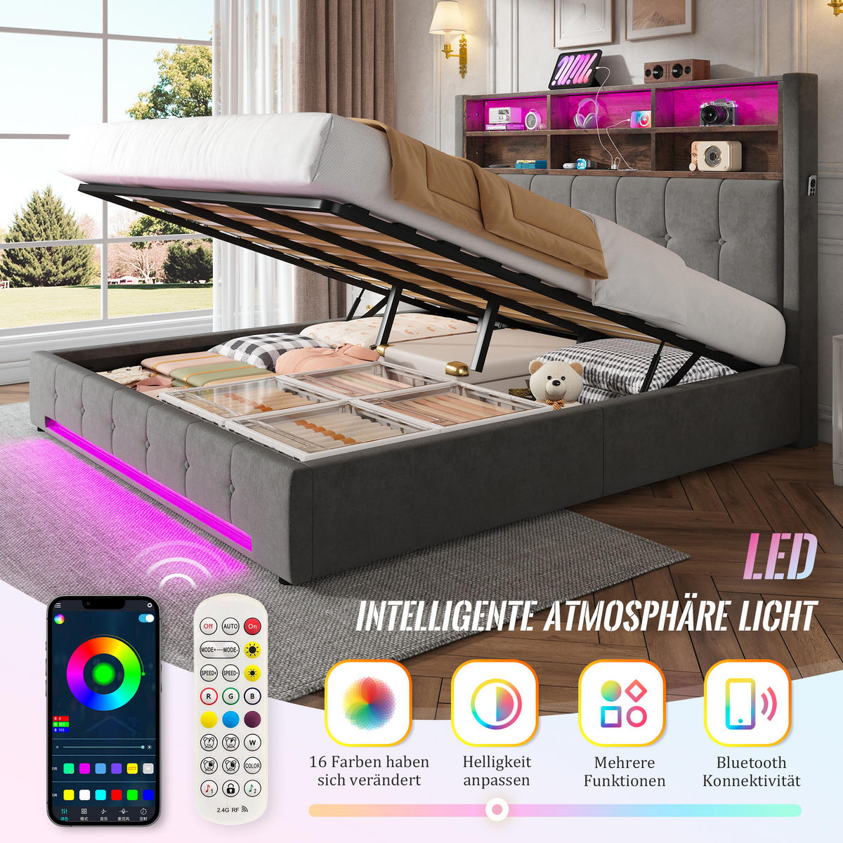 POLSTERBETT 180/200 cm Dunkelgrau mit 6 Fächer, Seitentaschen, USB-C und LED - Dunkelgrau, Textil (180/200cm) - Oxeza