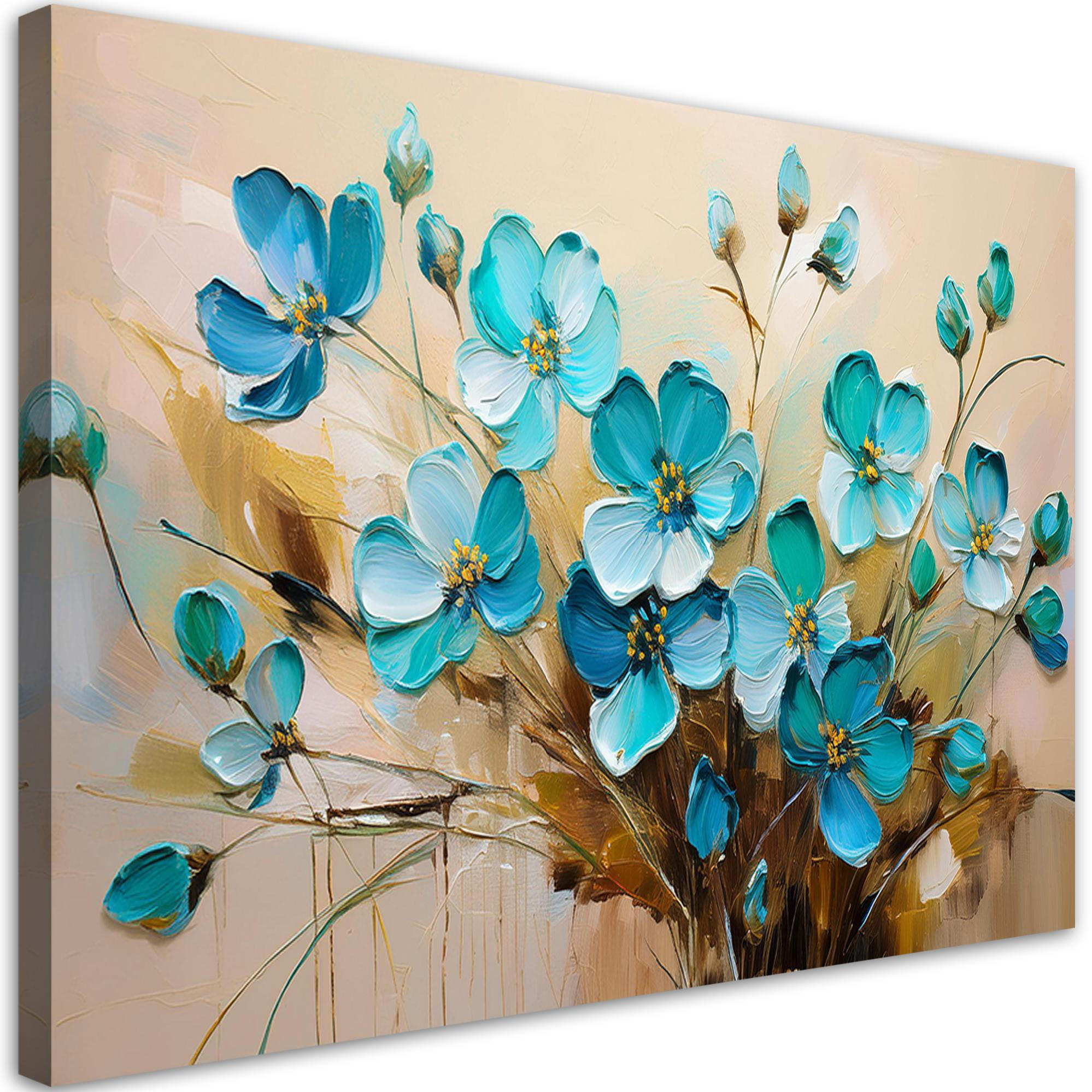 WANDBILD türkise blumen pflanzen naturstrauß - Türkis, Textil (60/40cm) - Feeby