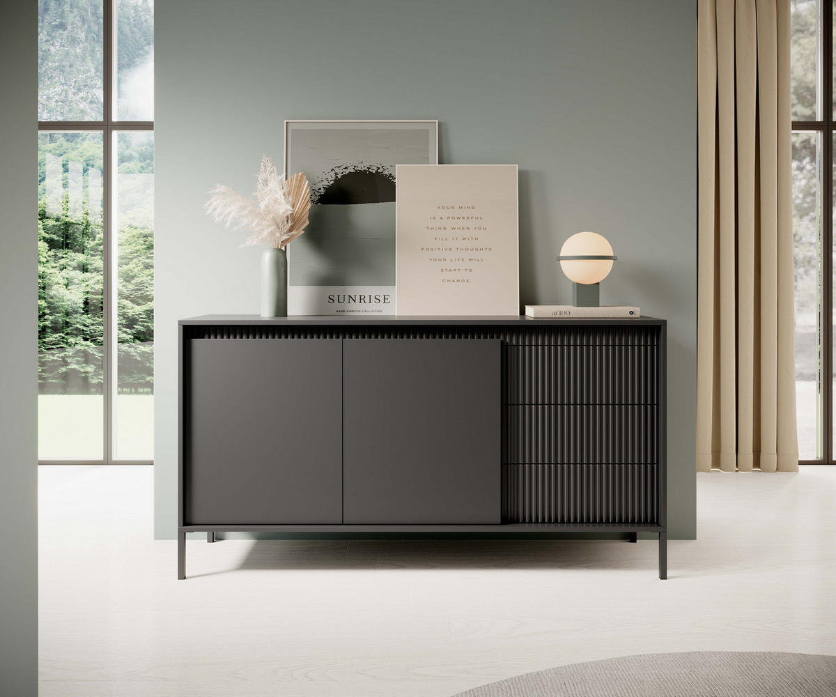 ​KOMMODE SENSO 2D3S Sideboard mit Geriffelten MDF-Fronten, Push-to-Open, Metallfüßen, 153,5x81,4x39,5 cm - Schwarz - Schwarz, Holz/Holzwerkstoff (154/82/40cm) - DomoHome