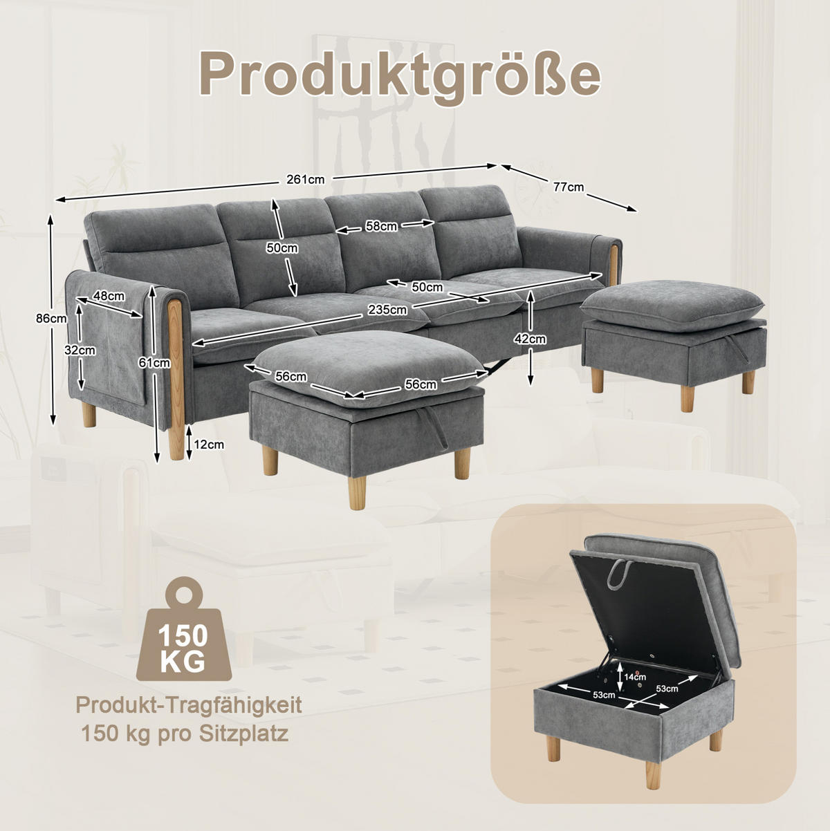 SOFA 261/77/86 cm in Hellgrau mit 2 Hockern und Stauraum - Hellgrau, Textil (77/86/261cm) - Flora Grace
