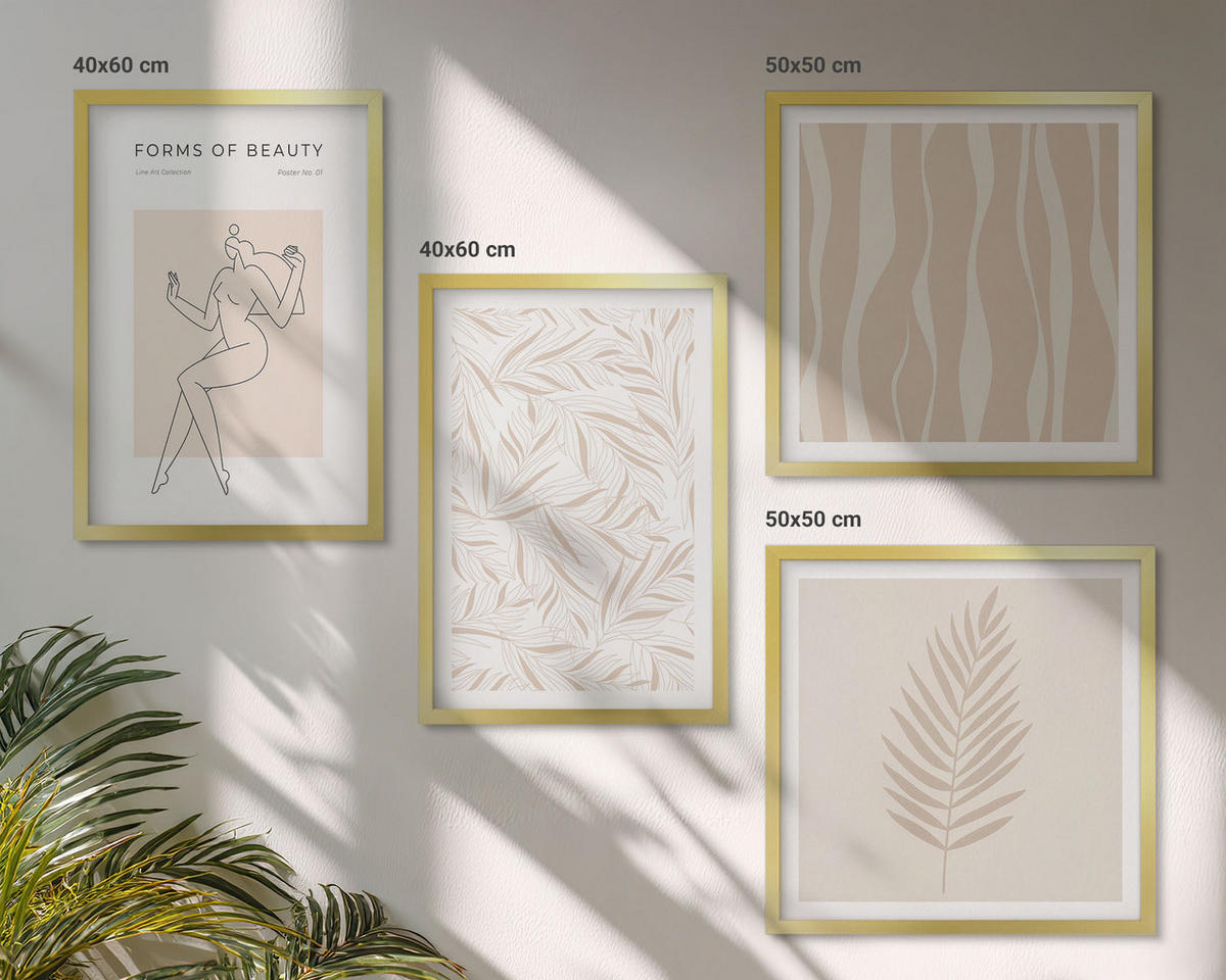 WANDBILDER 4er Set - 50x50 cm & 40x60 cm Goldrahmen - Minimalistische Pflanzenmotive - Goldfarben, Kunststoff (50/50cm) - ArtPrintCave