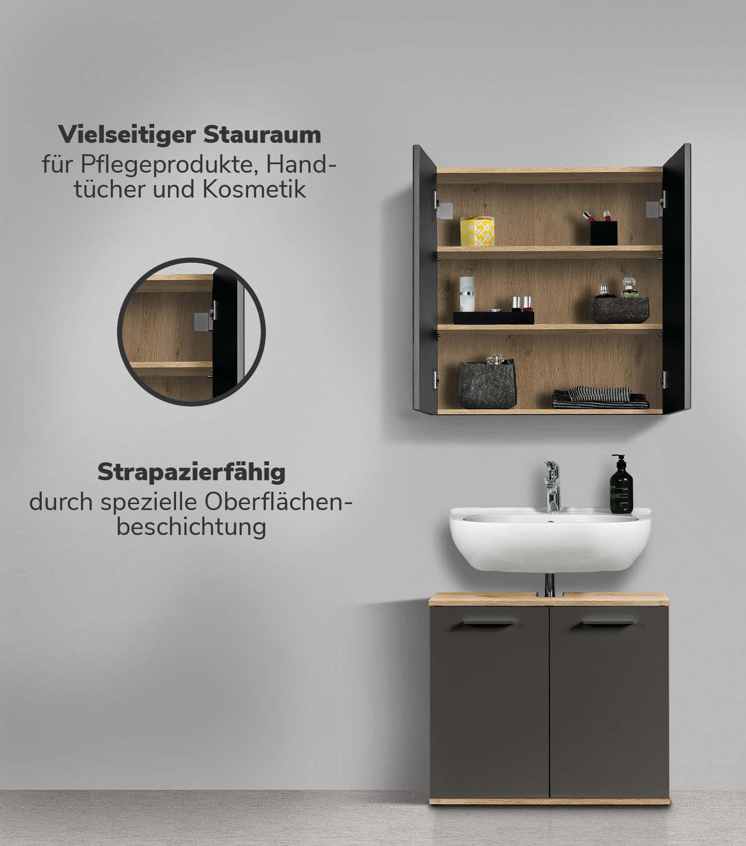 BAD-SPIEGELSCHRANK Die Badenixe - Anthrazit, Holzwerkstoff (70/71/23cm) - Mokebo