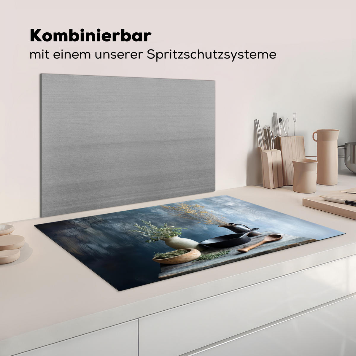 HERDABDECKPLATTE Stilleben - Kräuter - Rustikal Ceranfeldabdeckung 85x52 cm - Blaugrau, Kunststoff (85/52/0.2cm) - MuchoWow