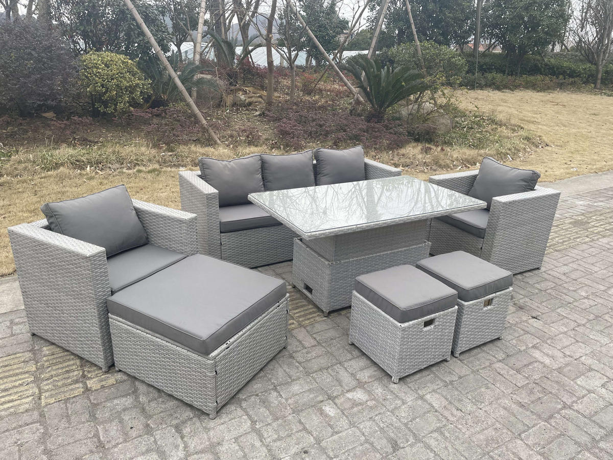 GARTENMÖBEL SET mit höhenverstellbarer Tisch Polyrattan Helles Grau 7-teilige - Hellgrau, Metall - Fimous