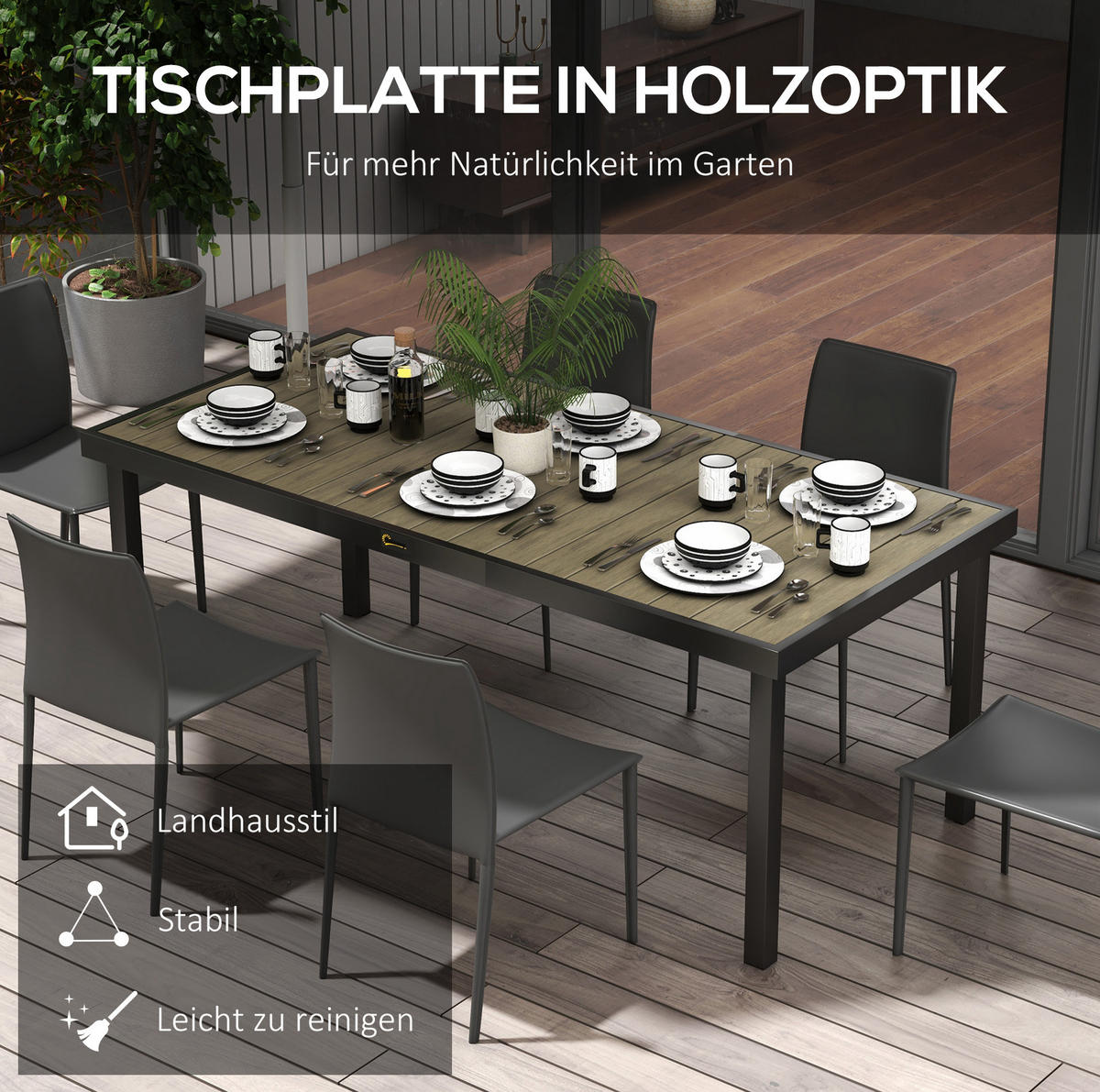 GARTENTISCH 190/90/74 cm naturfarben aus Aluminium mit holzwerkstoffoptik - Naturfarben, Metall (190/90/74cm) - OKWISH