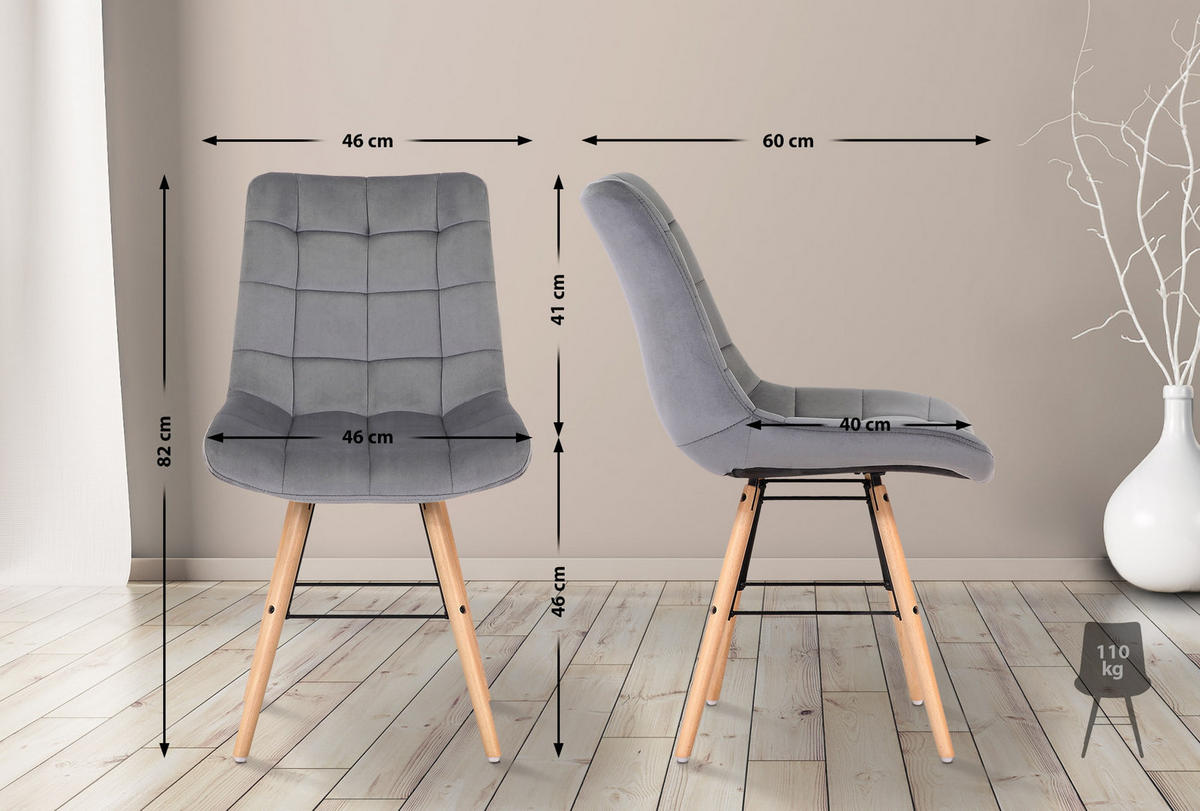 STUHL 2er Set Samt grau - Eukalyptusholzfarben/Grau, Holz/Textil (46/82/60cm) - CLP