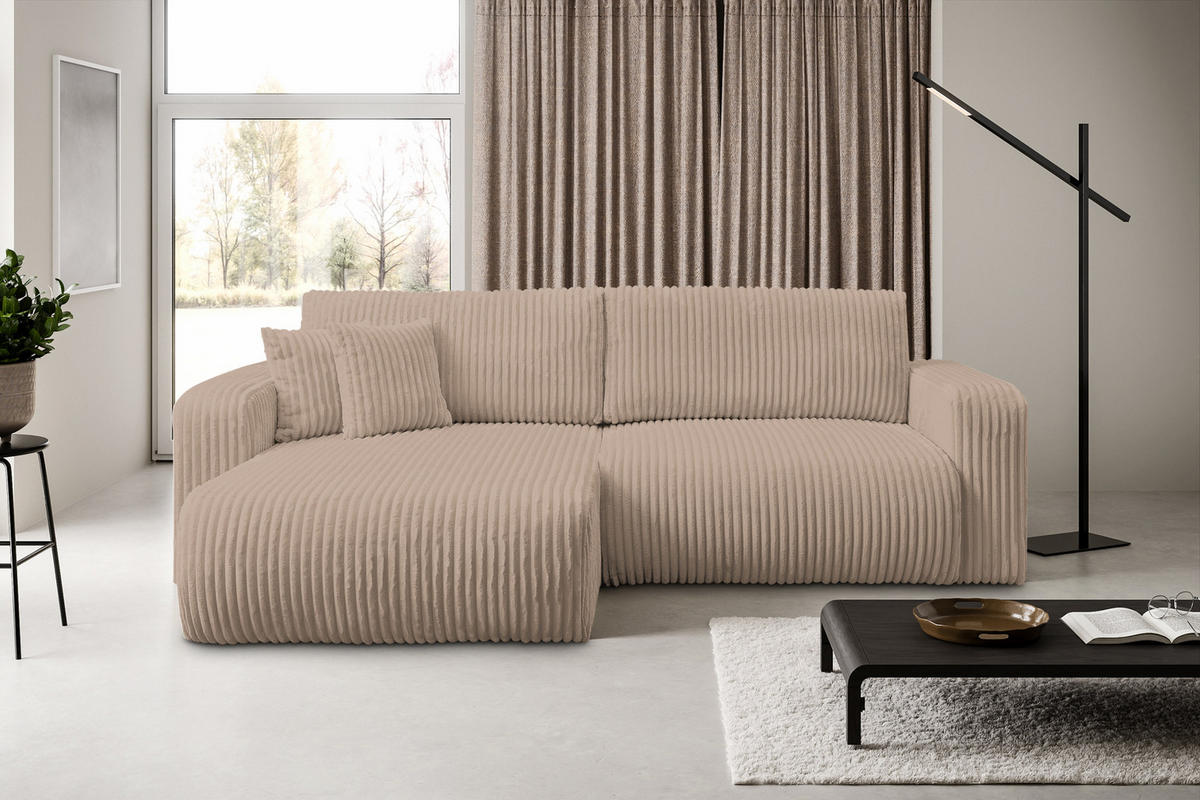 ECKSOFA Tilly, Eckcouch in L-Form mit Schlaffunktion und Bettkasten, Farbe: Braun, Cordstoff, Ottomane Universal - Braun, Textil (244/142cm) - VENASI MÖBEL