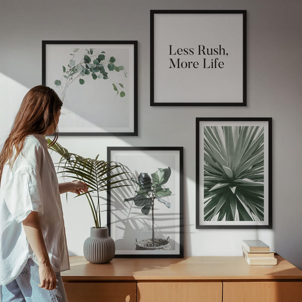 WANDBILDER 4er-Set - 50x50 cm & 40x60 cm Schwarzer Rahmen - Minimalismus mit grünen Pflanzen - Schwarz, Kunststoff (50/50cm) - ArtPrintCave