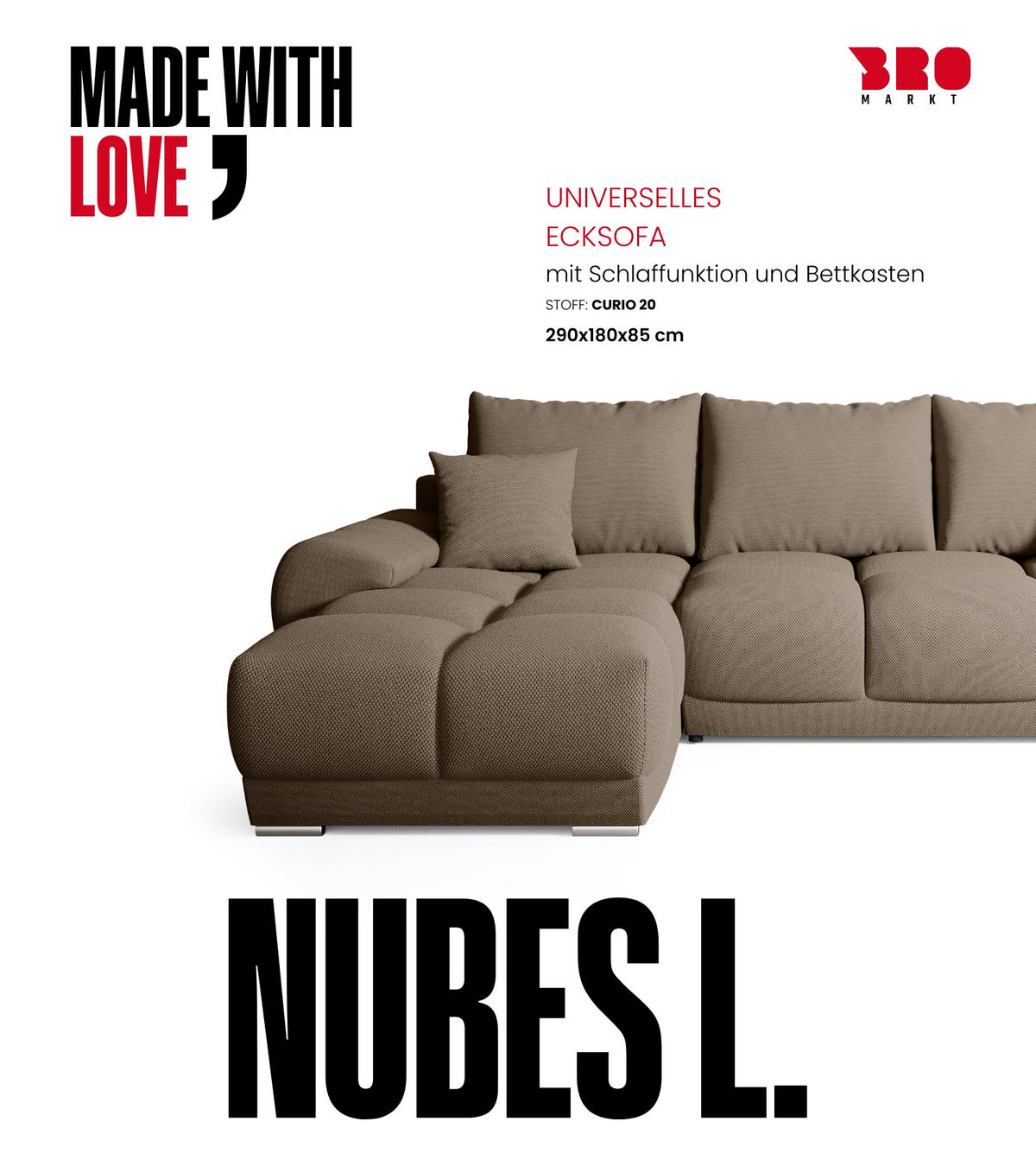 ECKSOFA Nubes mit Schlaffunktion Braun - Silberfarben/Braun, Kunststoff/Textil (290/180cm) - Bromarkt