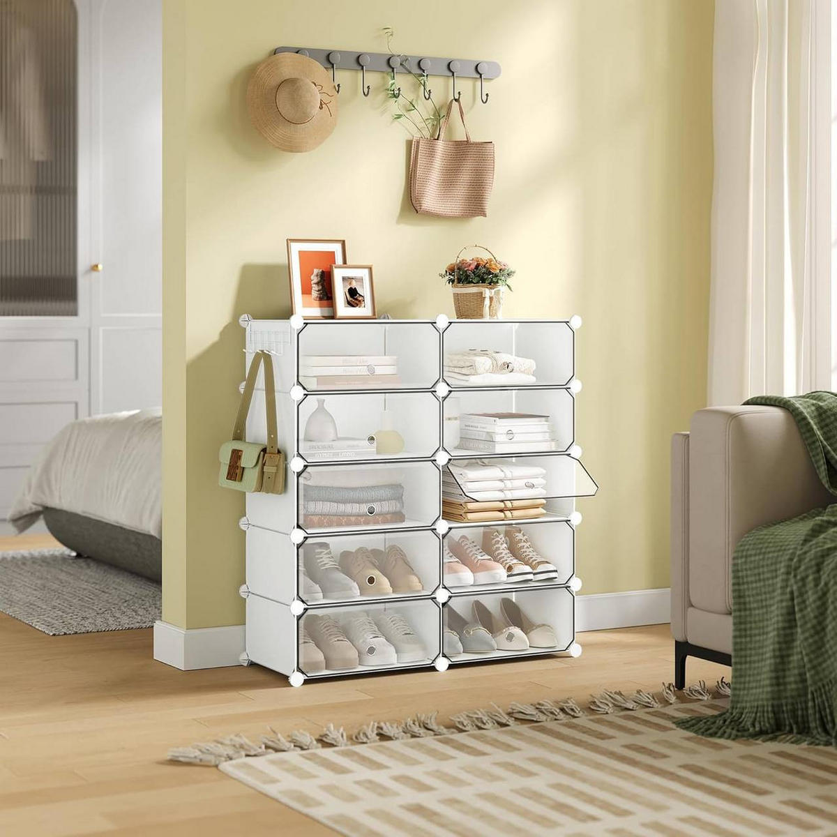 SCHUHBOX 10 Fächer, mit Haken, 40x30x170 cm, Weiß - Weiß, Kunststoff/Metall (40/170/30cm) - Woltu