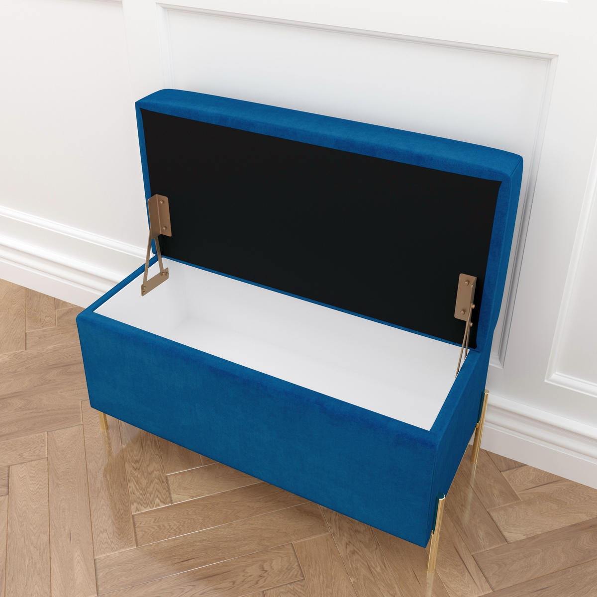 HOCKERBANK Borgo Mit Stauraum, Samt Marinblau, Metal Gold - Goldfarben/Dunkelblau, Holzwerkstoff/Metall (80/46/37cm) - Dancan