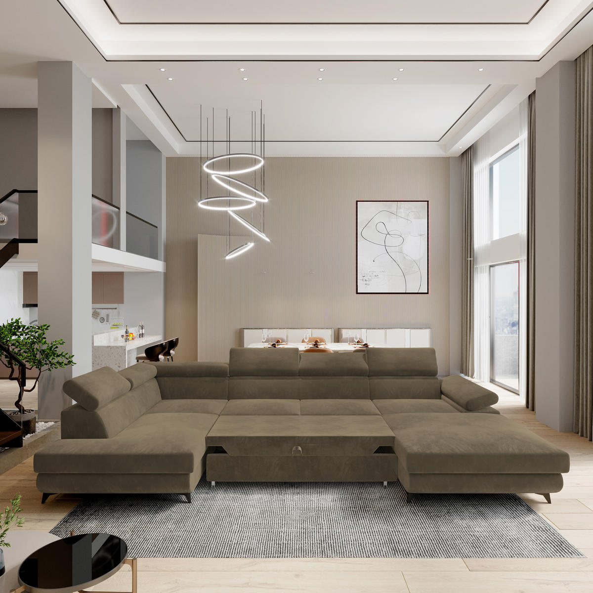 WOHNLANDSCHAFT RUBANO L-S Beige Velours-Stoff mit Schlaffunktion - Beige, Holz (339/89/190cm) - MASSENO