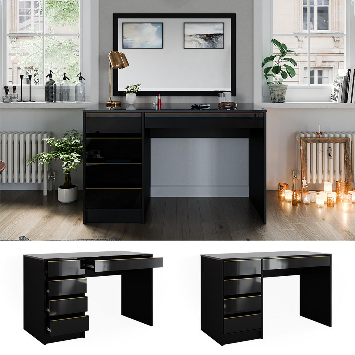 SCHREIBTISCH Sherry Schwarz/Gold 120 cm - Goldfarben/Schwarz, Holzwerkstoff (120/55/75cm) - Vicco