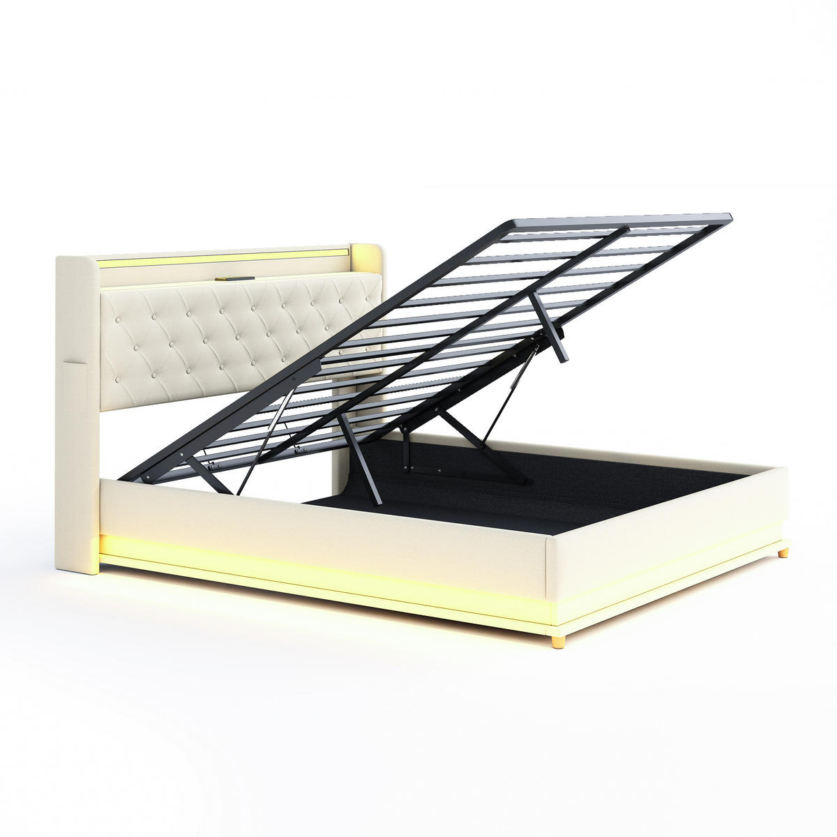 POLSTERBETT 160/200 cm in Beige Leinen mit Bettkasten, LED und USB - Beige, Holzwerkstoff/Textil (160/200cm) - WISHDOR