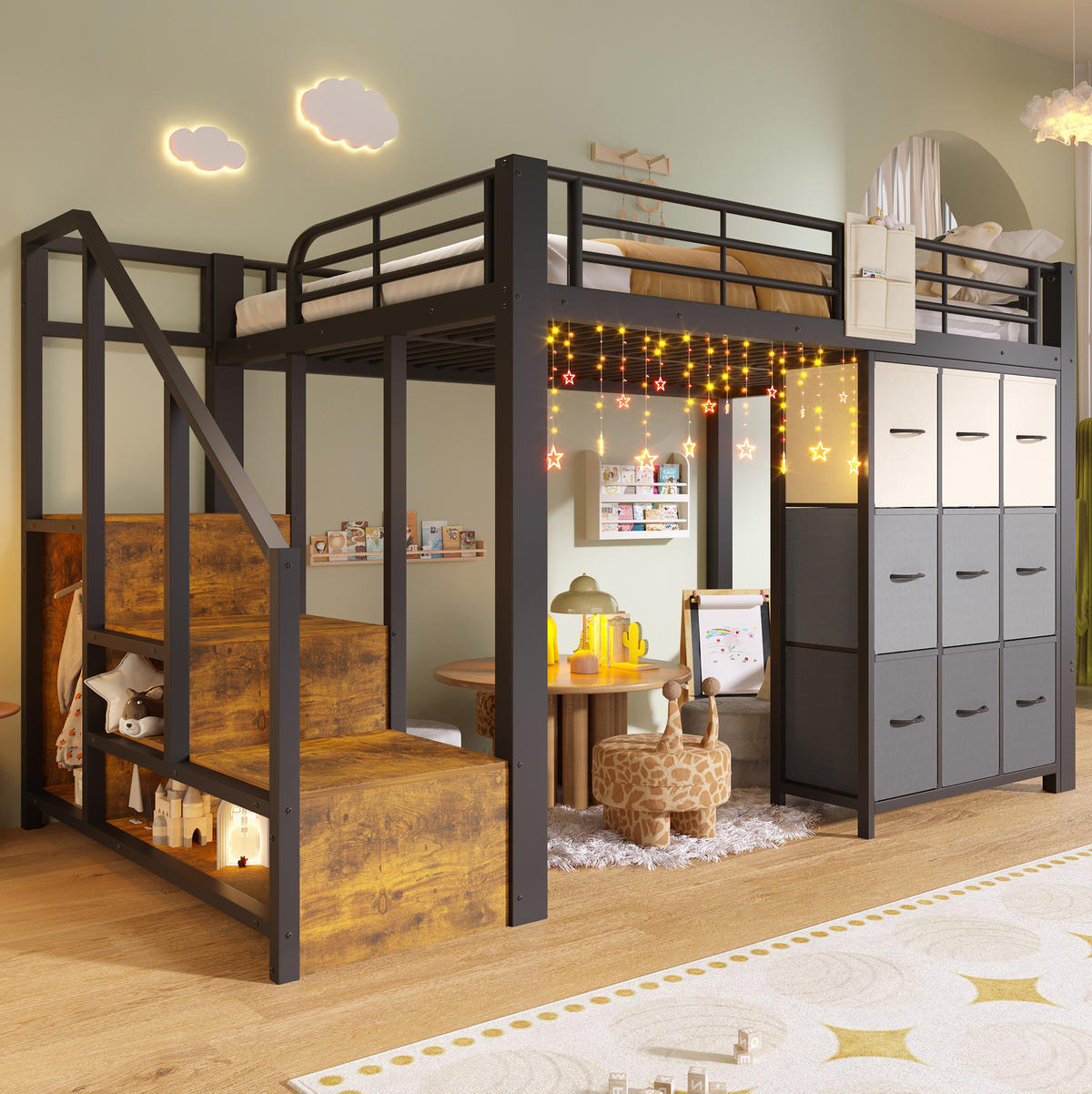 HOCHBETT aus Metall und MDF 140x200 cm Schwarz mit Stauraumtreppe, Schubladen und Kleiderstange - Schwarz, Holzwerkstoff (140/200cm) - IVMEU
