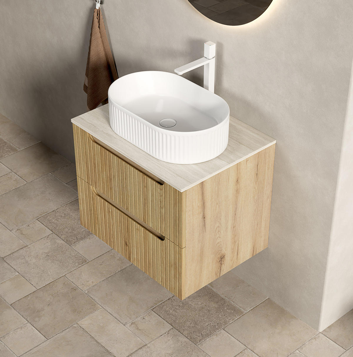 WASCHTISCHKOMBI 60 cm mit Aufsatzbecken und Soft-Close-Schubladen - Eichefarben, Keramik (60/62.2/46cm) - BEAOK