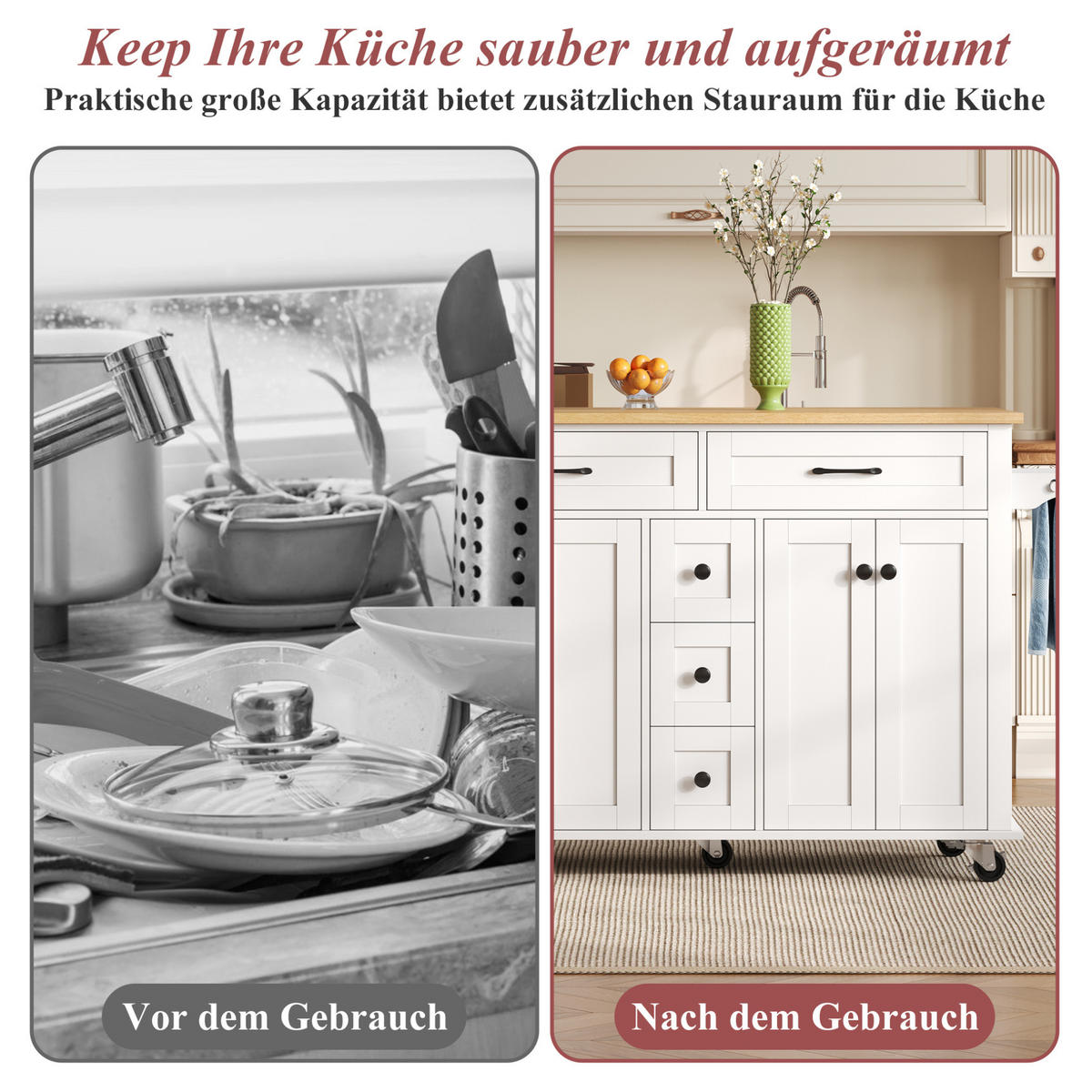 KÜCHENINSELWAGEN 140x65x89cm Weiß mit ausklappbarer Platte, Schubladen & 5 Rollen - Weiß, Holzwerkstoff (140/89/65cm) - Modfu