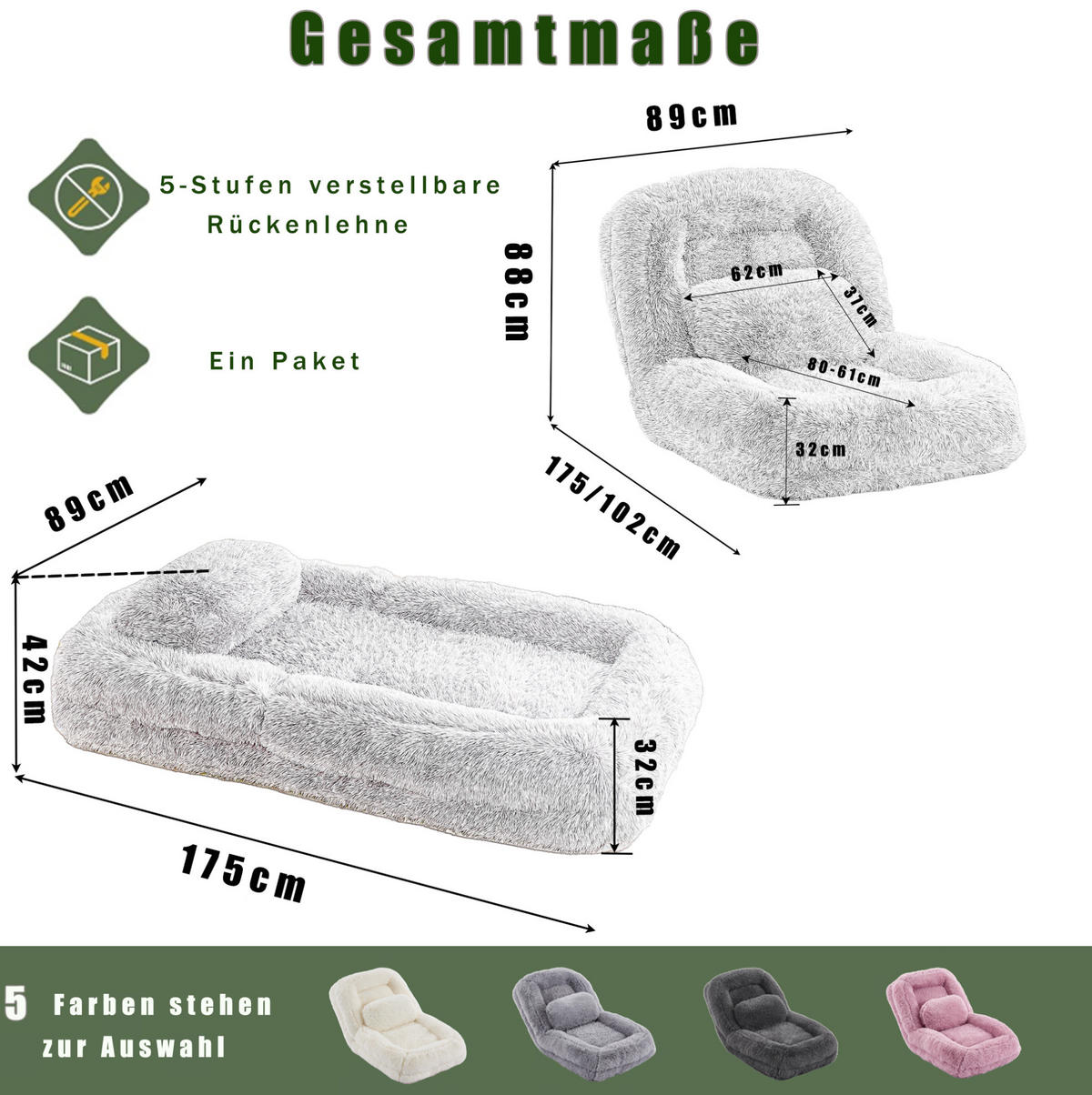 BODENSOFA 5-fach verstellbar 102 x 89 x 88 cm Hellgrau - Hellgrau, Kunststoff (89/88/102cm) - Beauniv