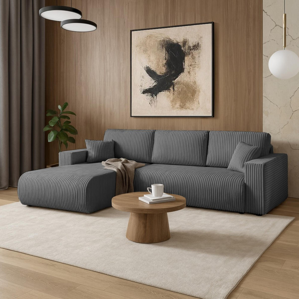 ECKSCHLAFSOFA Porto mit universelle Ottomane, Dunkelgrau - Dunkelgrau/Schwarz, Textil (288/190cm) - Beautysofa