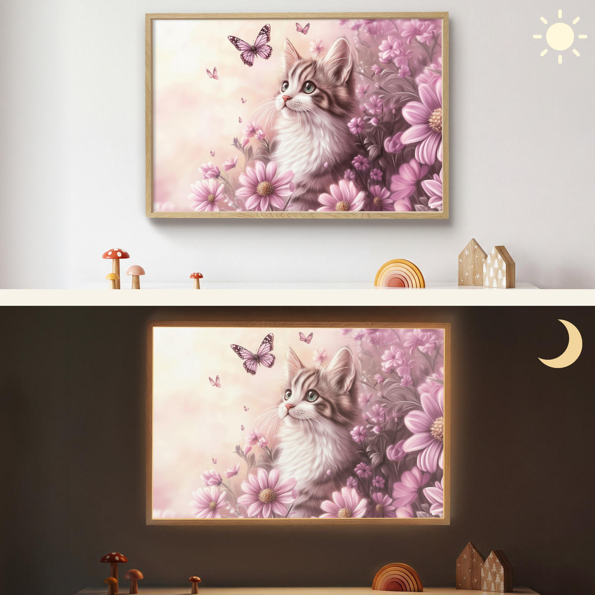 NÁSTĚNNÁ LAMPA S AKUMULÁTOREM Koťátko - Květiny - Motýli - Fialová 90x60 cm - starorůžová, kompozitní dřevo (90/60/8cm) - OnlyWow