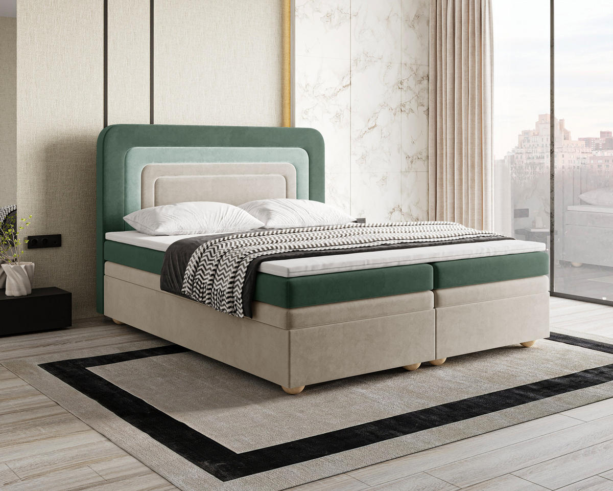 BOXBETT - Bett 10 NEST - Riviera - 140x200 cm - Modernes Polsterbett mit Bettkasten - Grün, Holz (140/200cm) - ROYAL24_MARKT