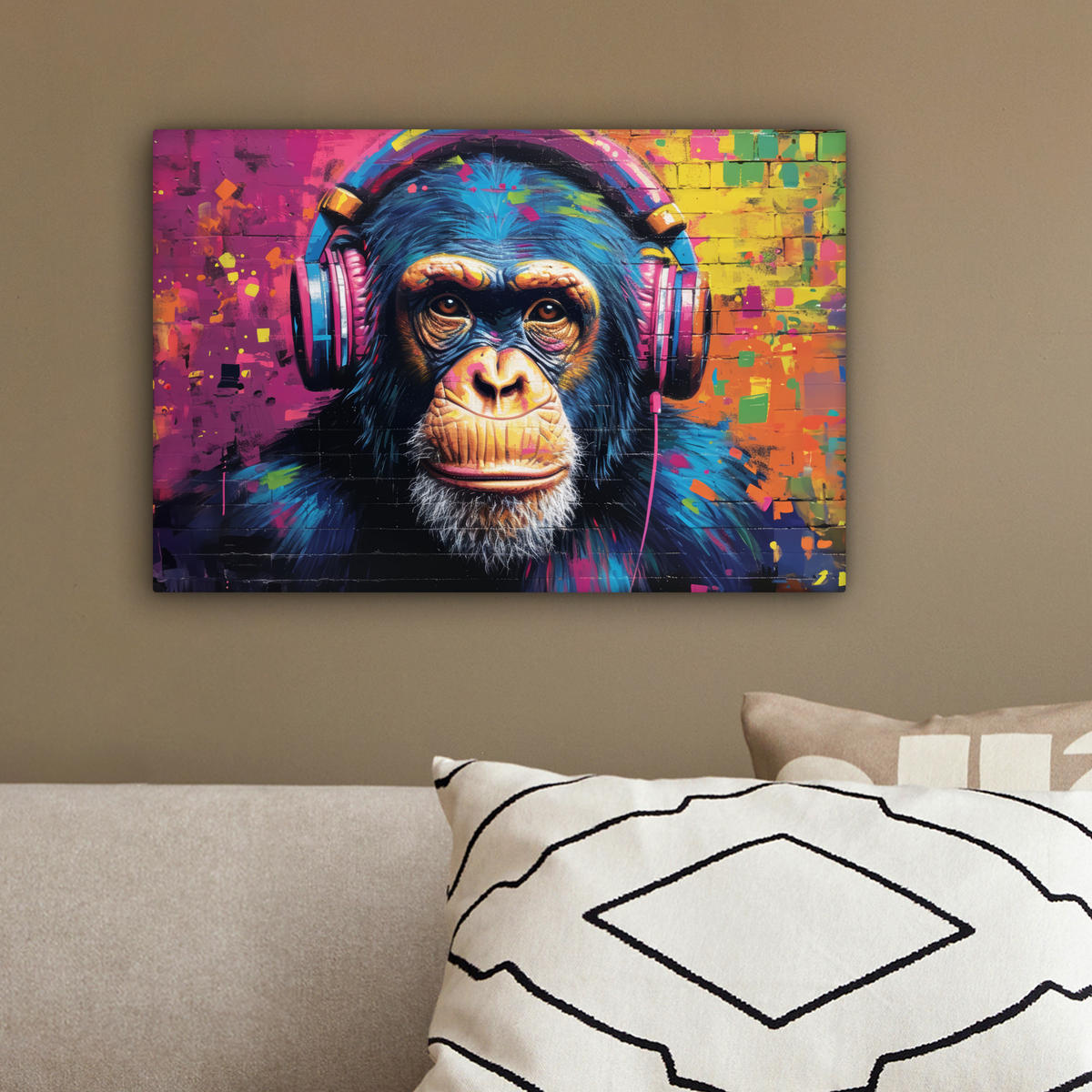 LEINWANDBILD Graffiti - Schimpanse - Straßenkunst - Kopfhörer - Affe 30x20 cm - Blau, Textil (30/20cm) - MuchoWow