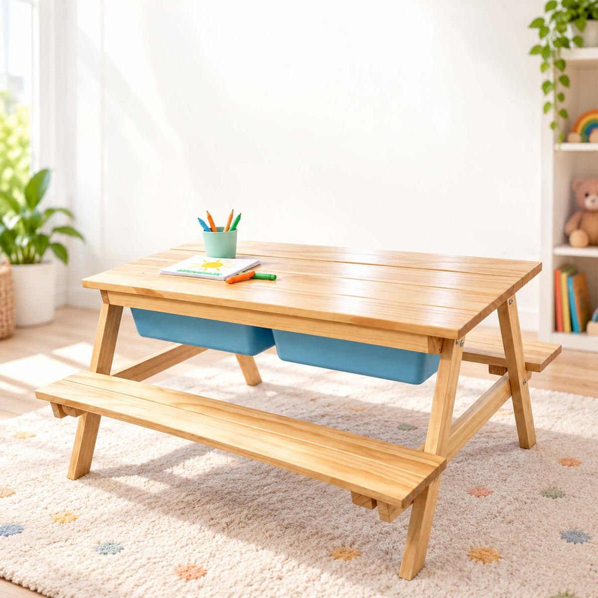 SESTAVA Světle hnědá hrací stolek na písek a vodu 2 vaničky - světle hnědá, dřevo/plast - Relaxdays