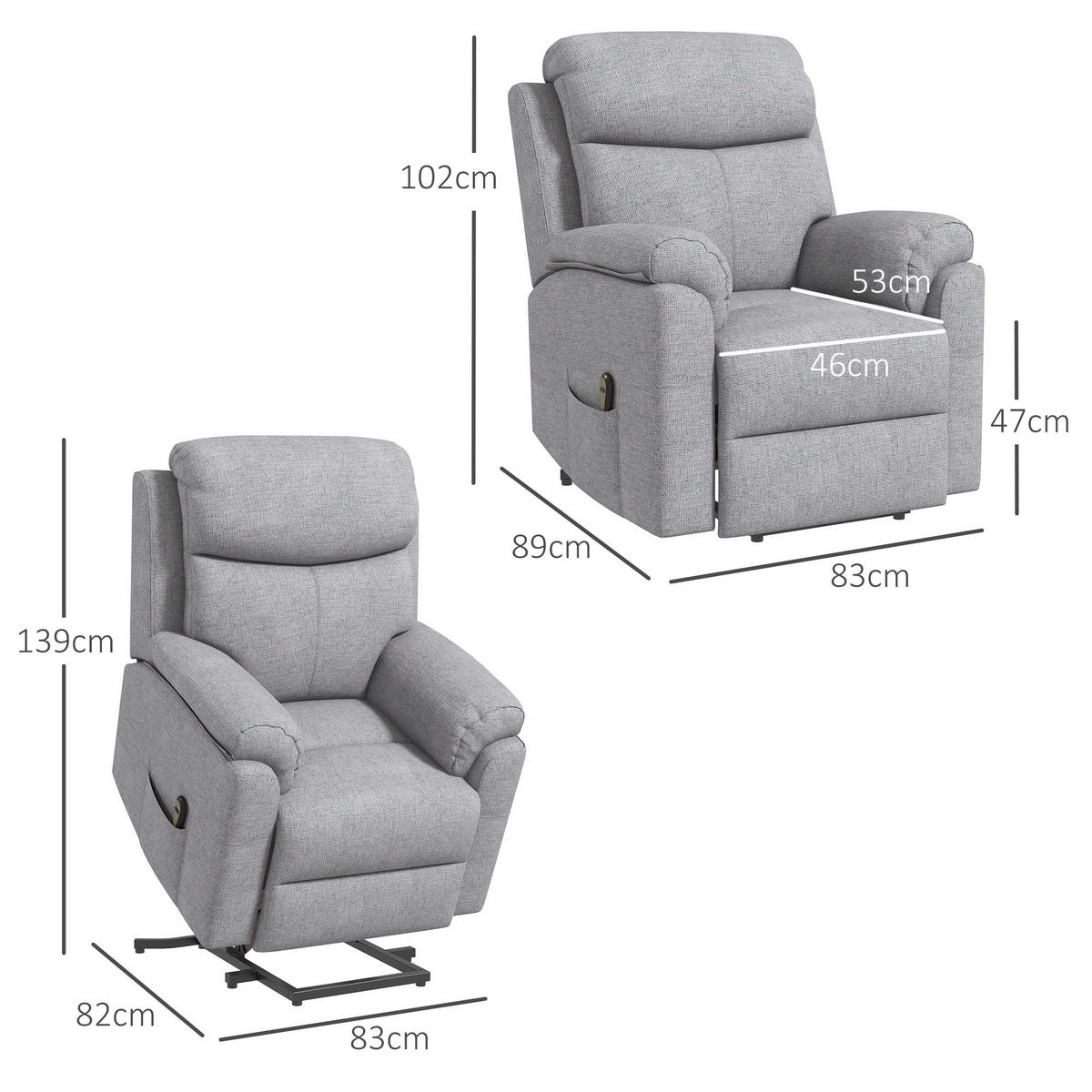 RELAXSESSEL mit Aufstehhilfe, Grau - Grau, Kunststoff (83/102/89cm) - HOMCOM