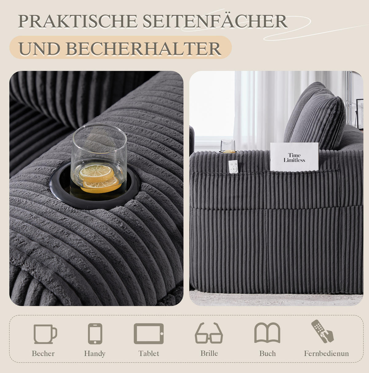 SOFA mit Seitenfächern und Becherhaltern 158 x 93 cm Cord Dark Grey - Dunkelgrau, Kunststoff (158.1/61/93cm) - Meubliv