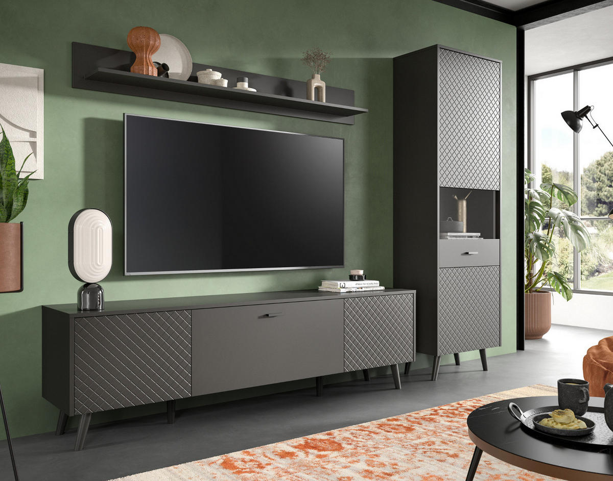 WOHNWAND grau matt 3-teilig 258 cm, Schrankwand mit Struktur - Schwarz/Grau, Glas/Holzwerkstoff (258/195/40cm) - Inn.Furn