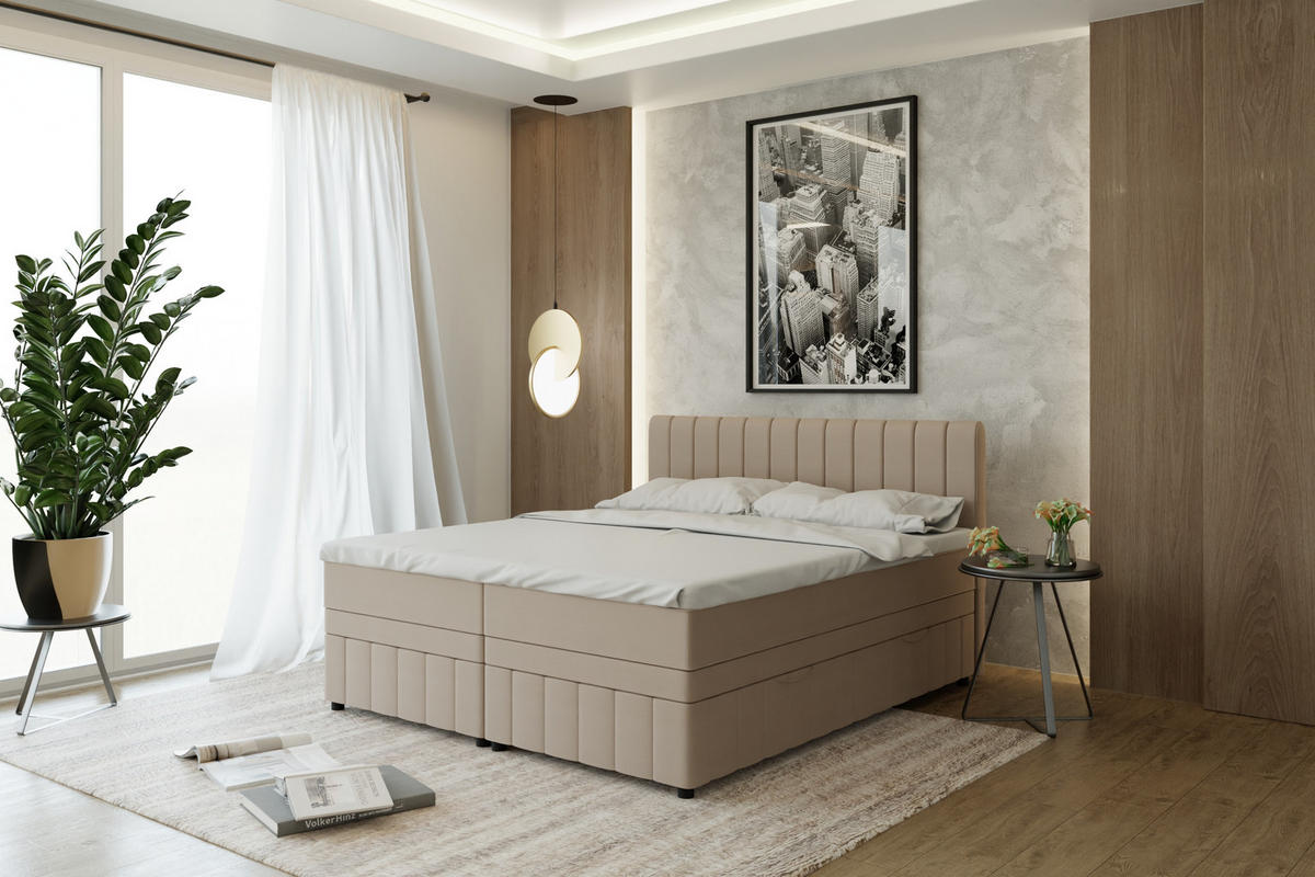 BOXBETT AVALON 180 x 200 cm mit Bettkasten und Topper - Beige - Beige, Holz - Panda Möbel