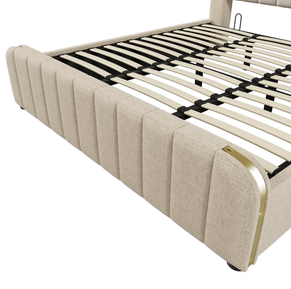 ČALÚNENÁ posteľ z ľanu 180x200 cm béžová s USB-C, hydraulickým úložným priestorom a matracom - béžová, textil (180/200cm) - Modfu