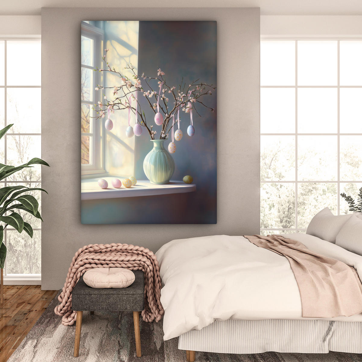 OBRAZ NA PLÁTNĚ Zátiší - Váza - Velikonoční ratolest 90x140 cm - světle modrá, textil (90/140cm) - MuchoWow