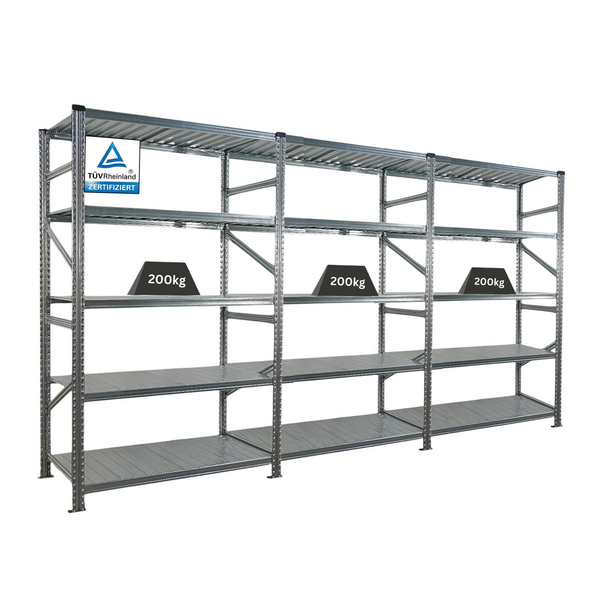 FACHBODENREGAL Proximo Stecksystem 200x360x60cm 5 Ebenen Fachlast 200 kg Beidseitig nutzbar Verzinkt - Silberfarben, Metall (360/200/60cm) - PROREGAL