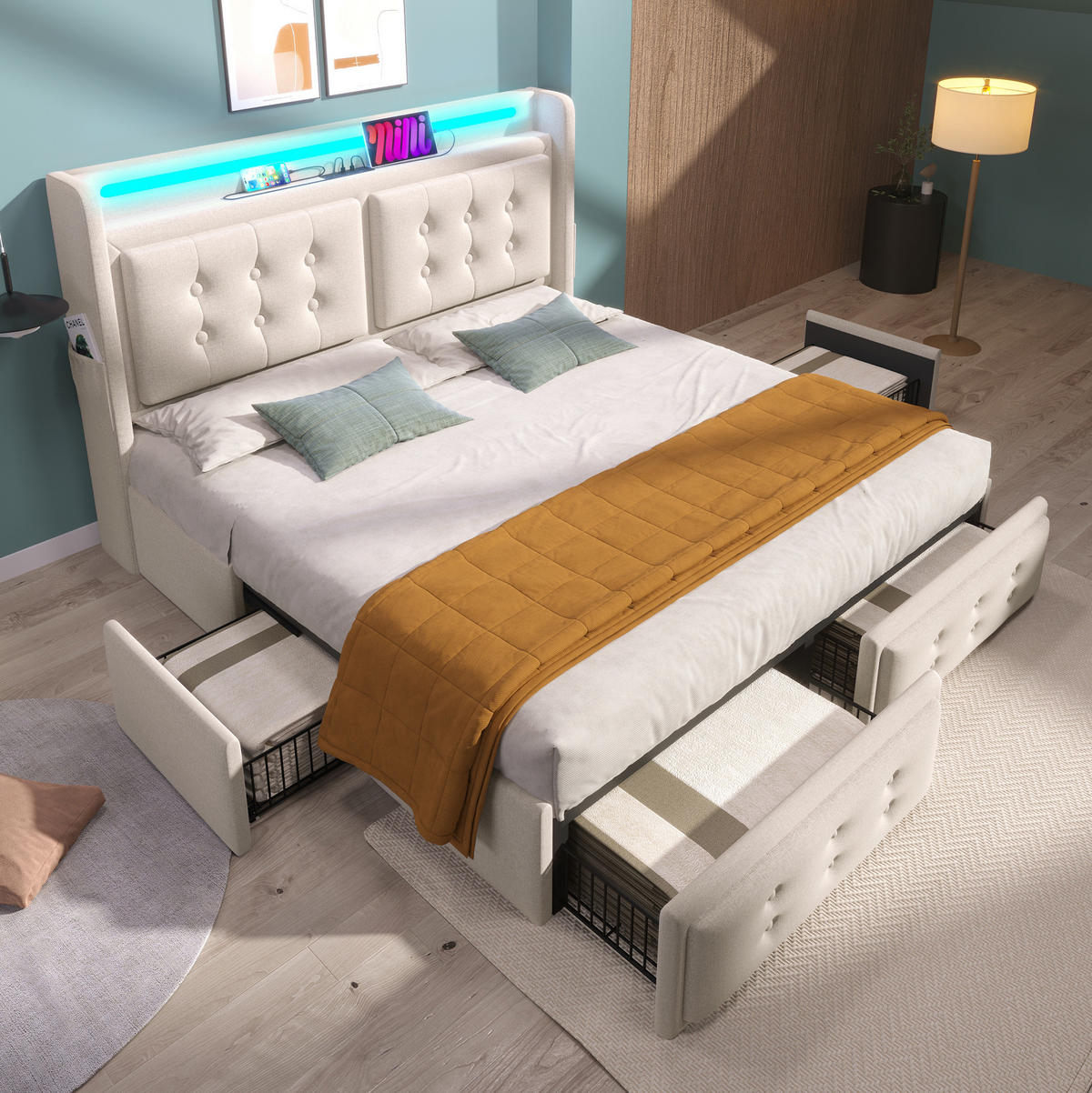 POLSTERBETT 180/200 cm mit LED, USB/Typ‑C & 4 Schubladen, Baumwoll-Leinen-Bezug, Beige - Beige, Textil (180/200cm) - Redom