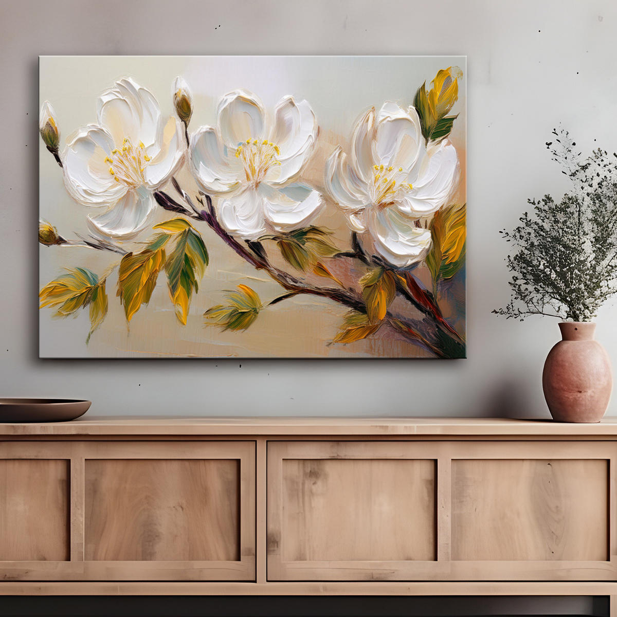 WANDBILD weiße blumen pflanzen zweig - Weiß, Textil (60/40cm) - Feeby