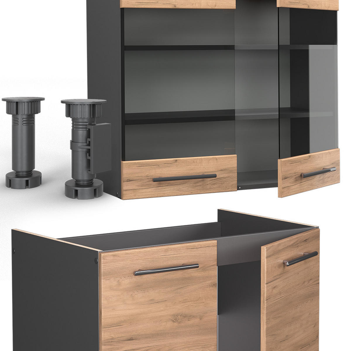 KÜCHENZEILE Fame-Line Goldkraft Eiche/Anthrazit 240 cm, AP Eiche - Anthrazit/Eiche Wotan, Holzwerkstoff (240/81.6/60cm) - Vicco