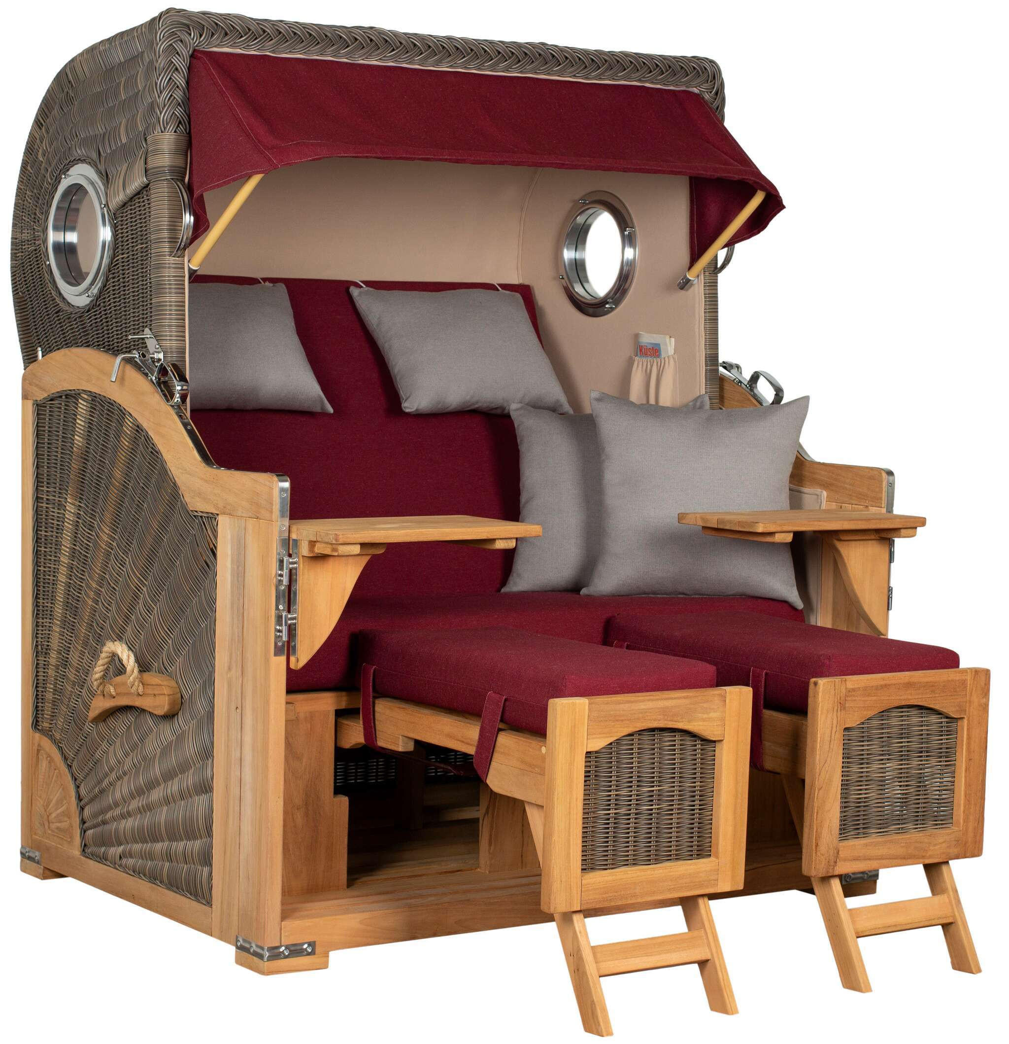 STRANDKORB Düne Grande Bullauge Teak PE Grey Dessin 594 - Rot/Braun, Metall (142/170/95cm) - Mr. Deko