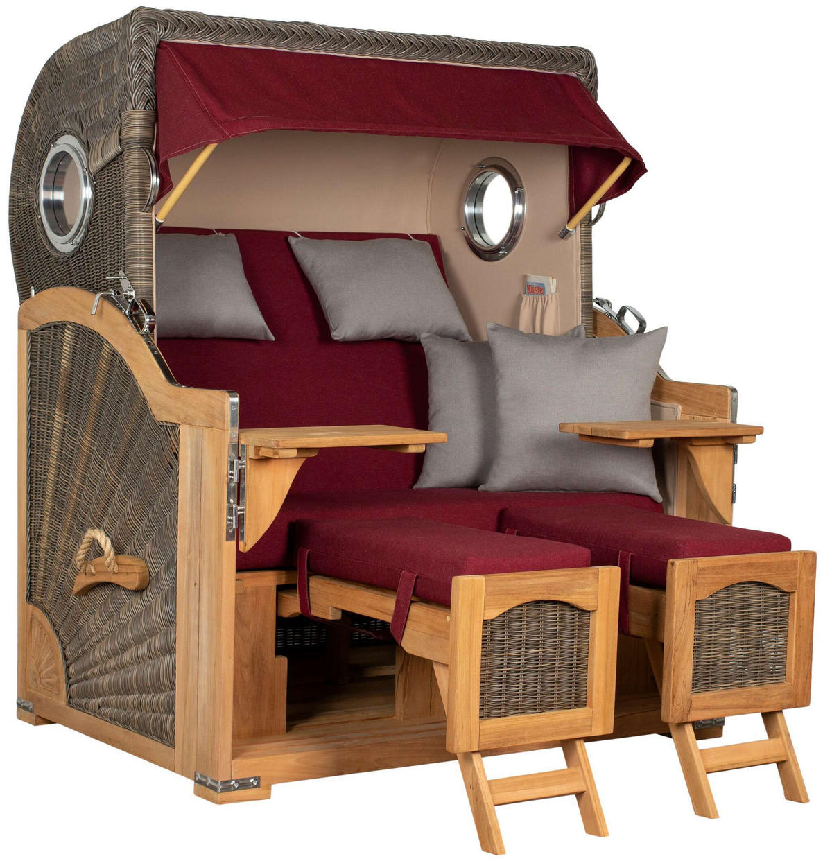 STRANDKORB Düne Grande Bullauge Teak PE Grey Dessin 594 - Rot/Braun, Metall (142/170/95cm) - Mr. Deko