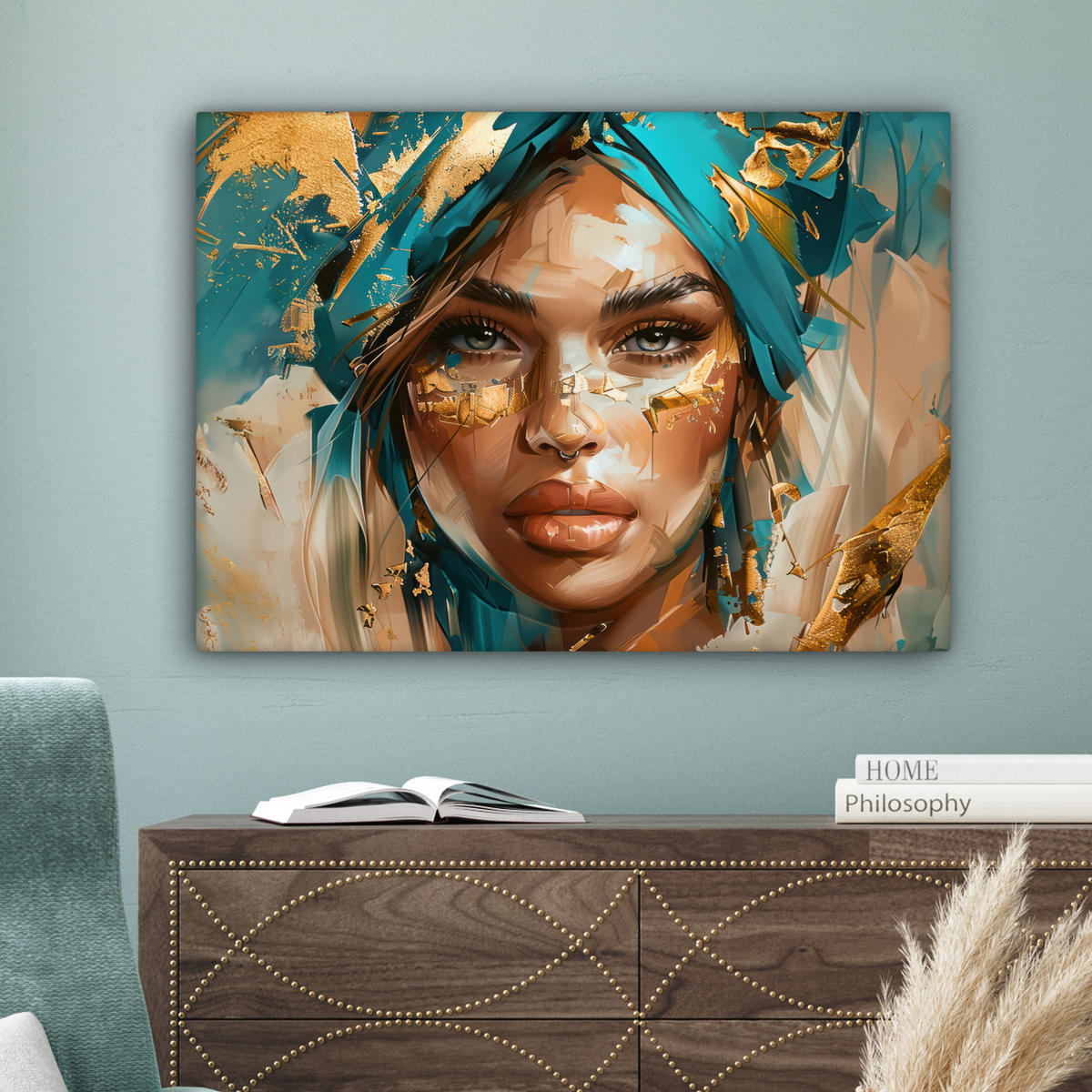 LEINWANDBILD - Frau - Porträt - Gold - Luxus - Blau - 80x60 - Malerei - Türkis, Textil (80/60cm) - MuchoWow