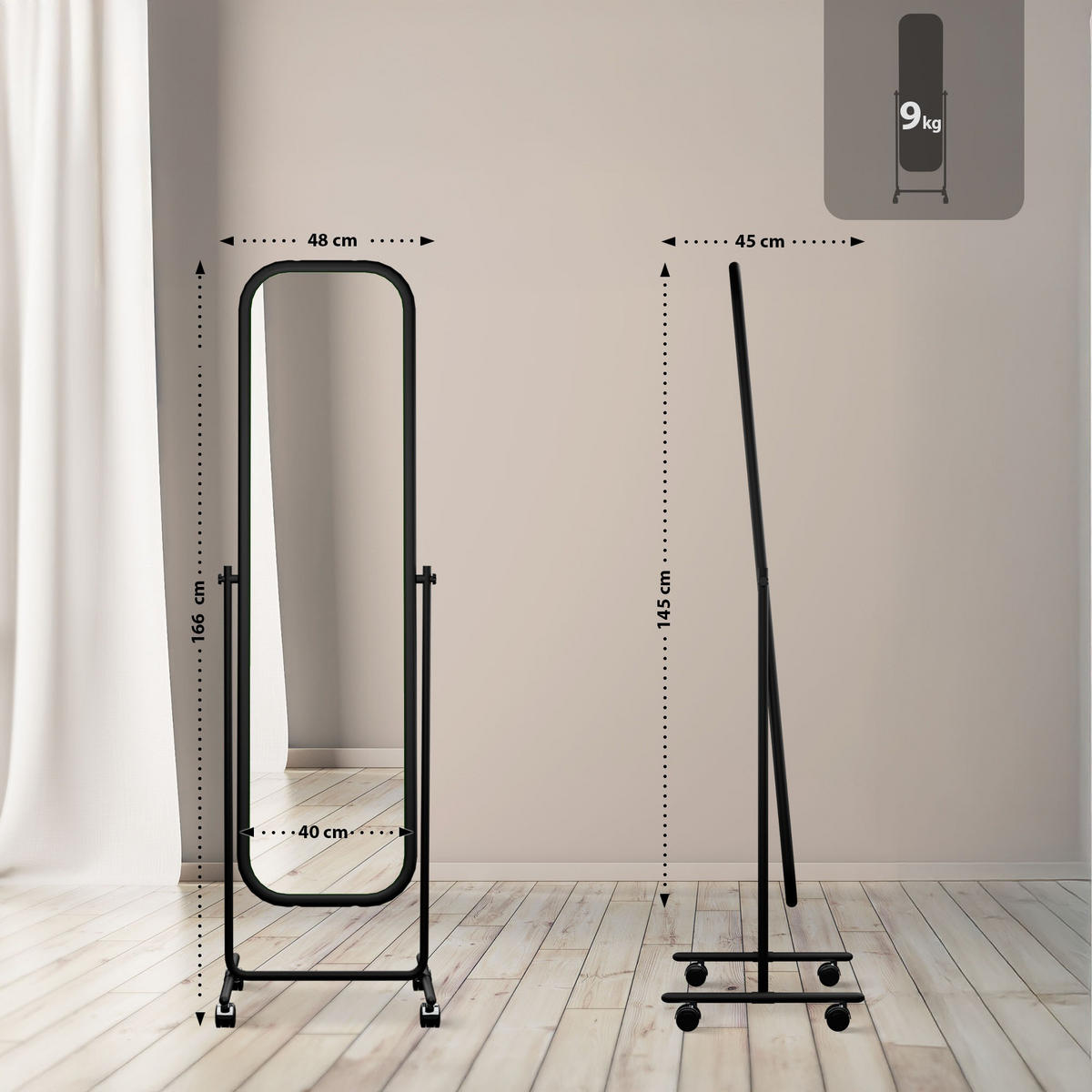 STANDSPIEGEL eckig 48/45/166 cm Metall schwarz - Schwarz, Metall (48/166/45cm) - CLP