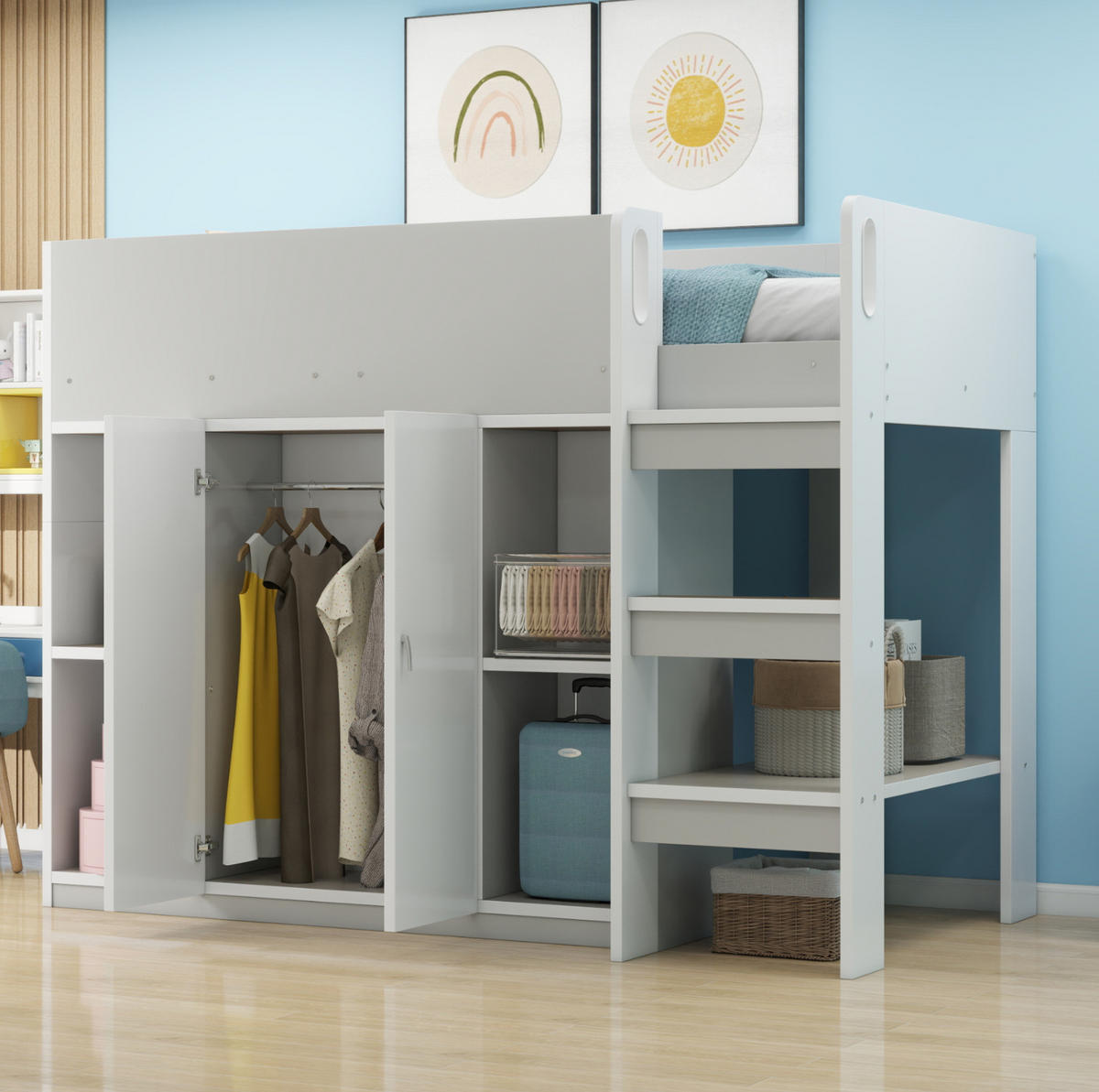 HOCHBETT 90/200 cm in Grau/Weiß – mit Leiter, Schrank und Regalen - Grau, Holz (90/200cm) - BEAOK
