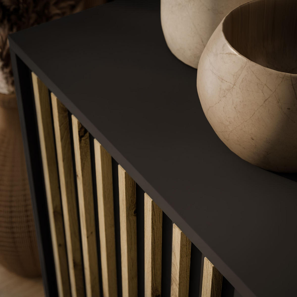 KOMMODE NELA, zweitürig mit Lamellen, Graphit/Artisan - Graphitfarben, Holzwerkstoff (155/86/45cm) - Lookway