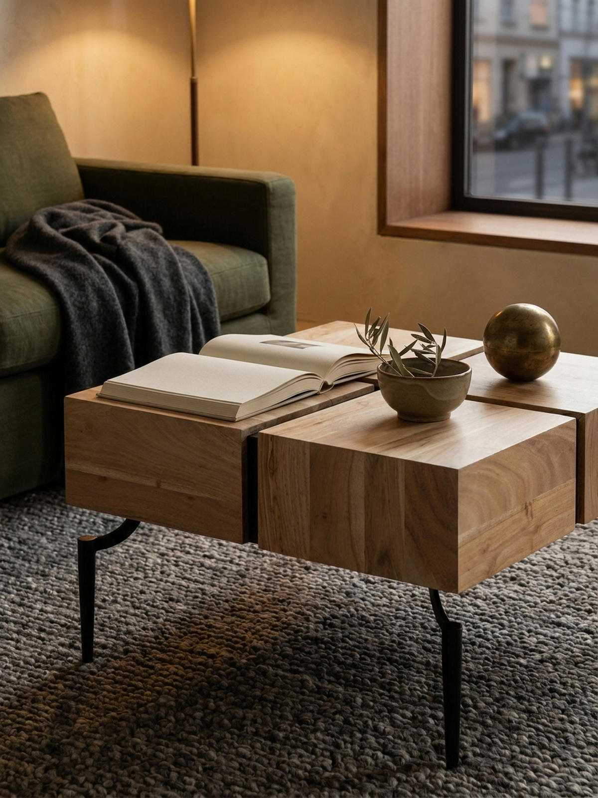 COUCHTISCH Massivholz Quadratisch Metallgestell Würfel-Form Modern, Akazie 60x60x40 cm - Schwarz/Akaziefarben, Holz/Metall (60/60/40cm) - KADIMA DESIGN