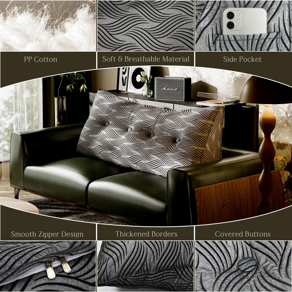 KEILKISSEN für Bett beflockter Crinkle-Stoff 100cm - Schwarz, Textil (21/100cm) - Vercart