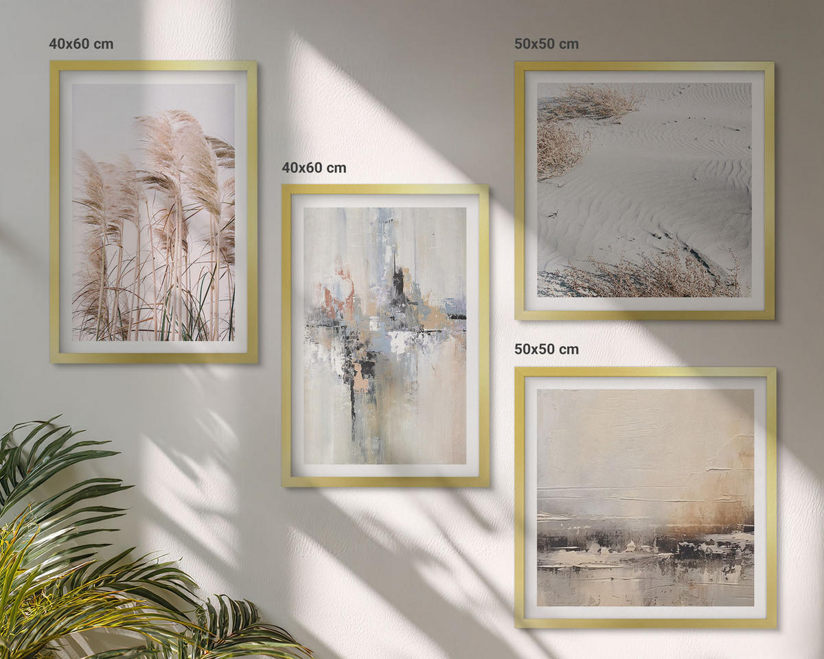 BILDER SET 4er Set - 50x50 cm & 40x60 cm Goldrahmen - Abstrakte Vegetationsmuster - Goldfarben, Kunststoff (50/50cm) - TULUP