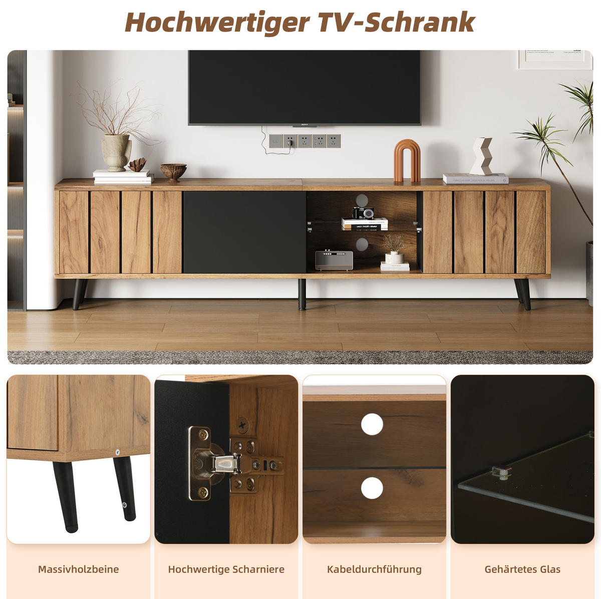 TV-LOWBOARD 175/31,5/45 cm mit 3 Türen und Glasfach, für TV bis 75 Zoll, Holzfarben/Schwarz - Hellbraun, Holzwerkstoff (175/45/31.5cm) - Redom