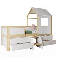 HAUSBETT 90/200 mit Dach, 4 Schubladen und kleiner Treppe in Weiß und Natur - Weiß/Naturfarben, Holzwerkstoff (90/200cm) - EVRYAE